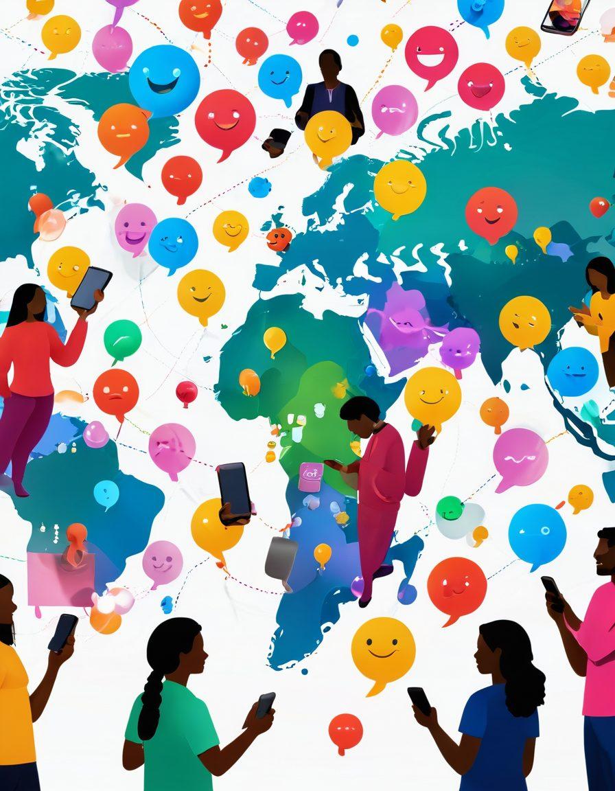 A vibrant scene depicting diverse people joyfully connecting through their smartphones, with colorful emojis and communication bubbles floating around them. In the background, a digital world map representing global connectivity powered by RCS technology. The atmosphere is lively and engaging, emphasizing happiness and collaboration in communication. 3D. vibrant colors. white background.