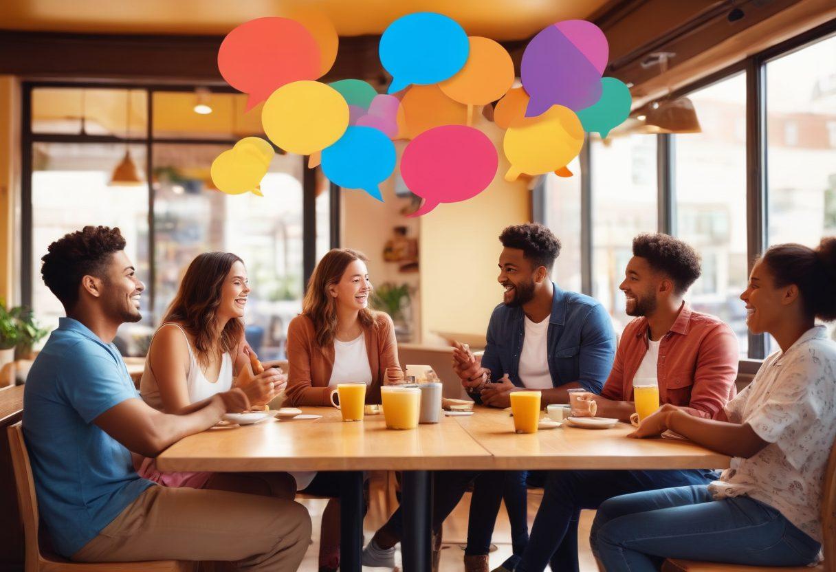 A vibrant illustration depicting diverse people chatting joyfully in a lively café, surrounded by colorful speech bubbles symbolizing RCS messaging features. Include emojis and icons that represent connection and positive interactions, with a warm and inviting atmosphere. The background should have light rays symbolizing positivity and connectivity. super-realistic. vibrant colors.