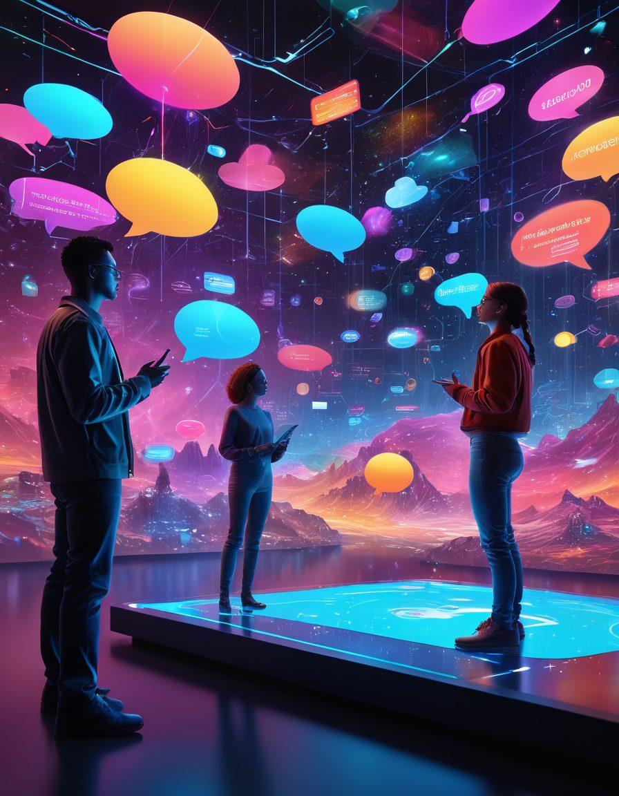 A futuristic digital landscape showcasing diverse people communicating through vibrant holographic interfaces, illustrating RCS technology in action. Include elements like colorful chat bubbles, interconnected devices, and flowing data streams to emphasize connectivity. The scene should radiate joy and engagement, with a bright, optimistic atmosphere. super-realistic. vibrant colors. 3D.